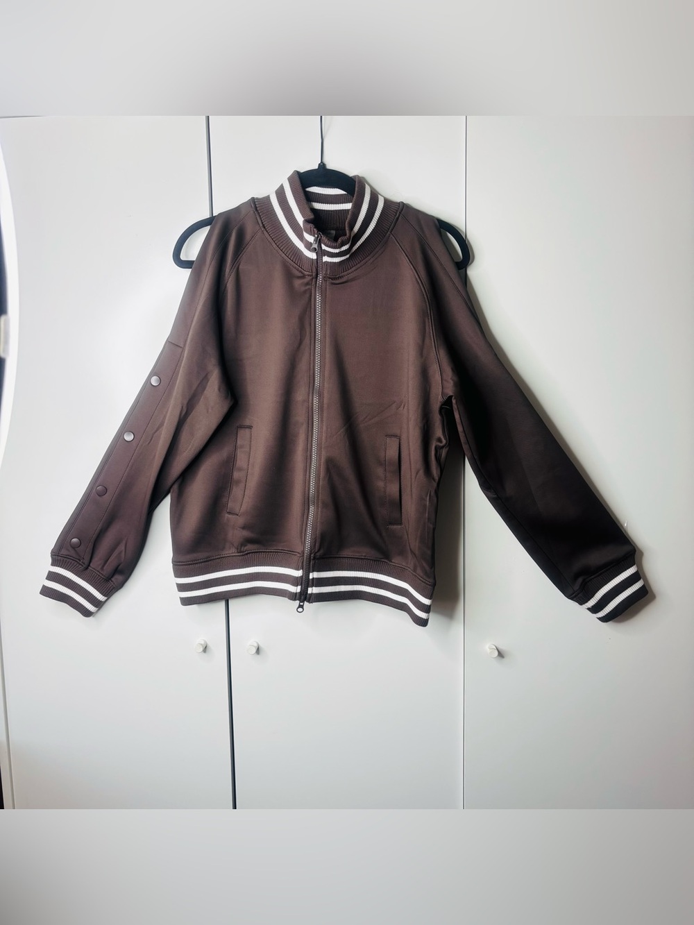 Women's Brown Bomber-Style Zip Jacket with Stripe Trim